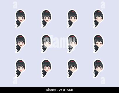 set of emotional stickers head anime manga girl japanese cartoon style for chat messages paper or t shirt print girl with brown hair stock vector image art alamy