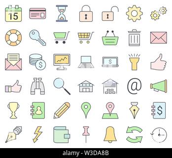Web design, SEO and development colorful icon set isolated on white background. Pastel colors. Stock Vector