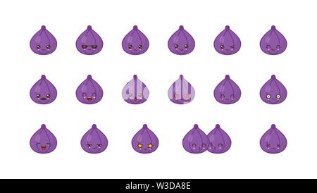 Fig fruit cute kawaii mascot. Set kawaii food faces expressions smile emoticons. Stock Vector