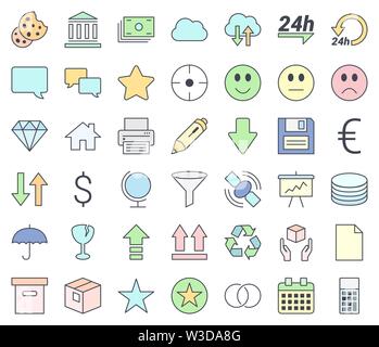 Web design, SEO and development thin line vector icon set, filling with pastel colors,  isolated on white background. Stock Vector