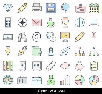 Business colorful icon set isolated on white background. Pastel colors. Stock Vector
