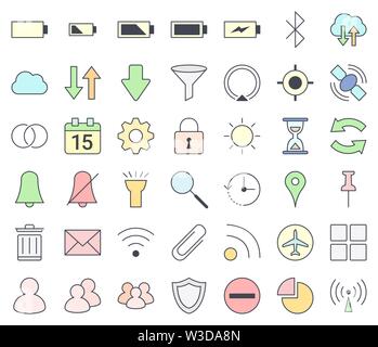 Mobile phones and smartphones interface outline icon set, filling with pastel colors - vpn, hotspot, gps, settings, calendar, cell Stock Vector
