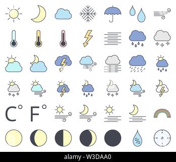 Weather line icon set, filling with pastel colors  - sun, moon phase, cloud, rain, snow, rainbow, thunder Stock Vector