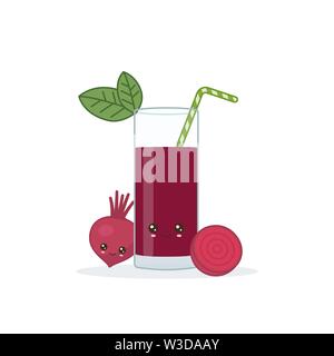beet juice. Cute kawai smiling cartoon juice with slices in a glass with juice straw. Stock Vector