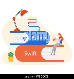 Vector illustration with people on stack of books, studying manual, working on computer. Flat style. Background for the programming landing page. Desi Stock Vector