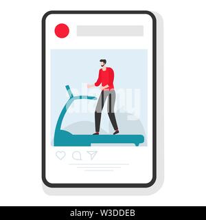 Vector illustration with man engaged on treadmill in the gym. Sports mobile application. Fitness app. Workout for wellness, activity. Healthy lifestyl Stock Vector