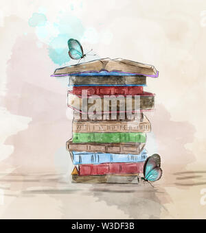 Watercolor pile of books with butterflies Stock Photo