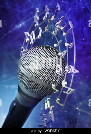 Musical notes and symbols around the microphone. 3D illustration. Stock Photo