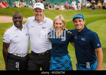 Celebrities taking part in the Celebrity Cup Charity golf tournament at the Celtic Manor Resort in Wales.  Left to Right Olympic Athelete Derek Redmond, Dragons Den Entrepreneur Peter Jones, TV and Radio Presenter Jenni Falconer and Scottish Rugby International Rory Lawson Stock Photo