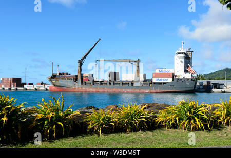 Freight Cargo Ship moored in Avatiu Harbour, Rarotonga, Cook Islands, Polynesia Stock Photo