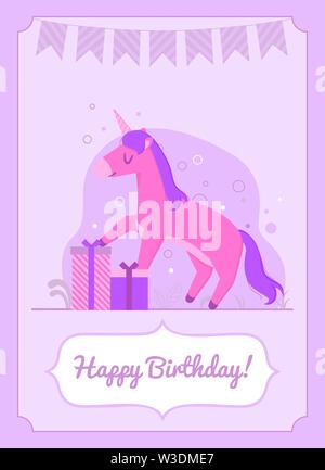 Colorful birthday card happy unicorn standing on the gift Stock Vector