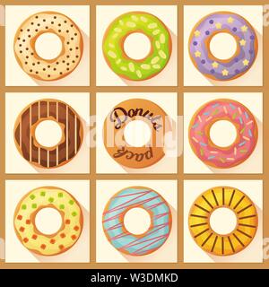 Sweet colorful baked glazed donuts or doughnuts set with sprinkles Stock Vector