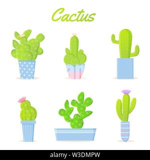 Bright cartoon summer cactus set. Exotic houseplants in color pots Stock Vector