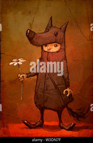 Illustration of a character for a holiday. Image of a boy in a carnival costume of a wolf giving a flower. Illustration for T-shirt and greeting card. Stock Photo