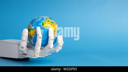 Robot hand holding planet Earth 3d rendering Stock Photo - Alamy