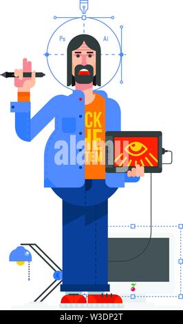 Graphic designer, flat style. Vector image in a cartoon style. Illustration isolated on white background, ready for print and websites. Stock Vector