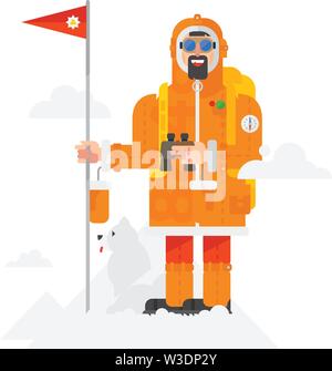 Illustration of a alpinist with a dog on a white background. Man with a flag. Illustration of a man in a flat style. Object isolated on white backgrou Stock Vector