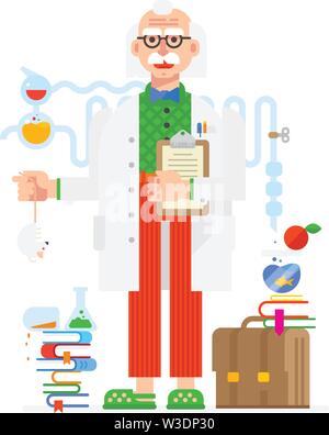 Scientist in the style of the cartoon. Isolated object on white background. Vector illustration. Flat vector illustration. Characters design. Stock Vector