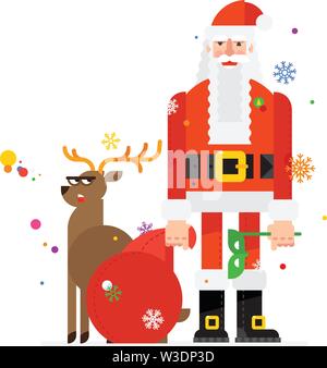 Santa Claus and the deer, drawn in a cartoon flat style. Illustration of a Saint Nicholas character with a bag of gifts. Image is isolated on white ba Stock Vector