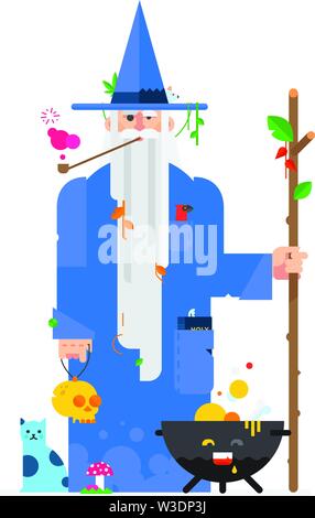 Wizard in a cartoon flat style. Illustration of the druid character. Image is isolated on white background. Character design. Company character. Image Stock Vector