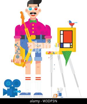 Artist designer in cartoon style. Artist in the workplace. Character in a flat style. Image is isolated on white background. Vector illustration for p Stock Vector
