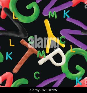 Seamless pattern with alphabet. Handmade modeling clay letters. Realistic 3d vector lettering background. Stock Vector