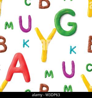 Seamless pattern with alphabet. Handmade modeling clay letters. Realistic 3d vector lettering background. Stock Vector