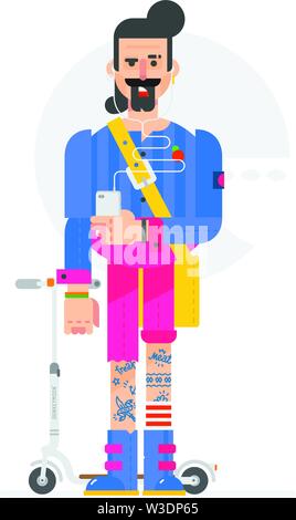 The cartoon hipster is painted in a flat style. The illustration is isolated on a white background. A man with a phone and a scooter. Character for pr Stock Vector