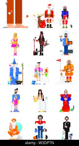15 Thematic Characters Vector illustrations. Fashionable character design in a flat style. Vector illustration. Heroes on a white background. A set of Stock Vector