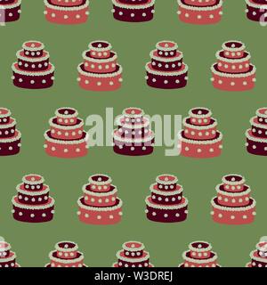 seamless vector pattern with red christmas cakes on green background Stock Vector