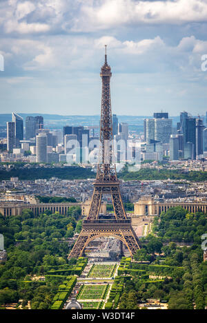 Aerial view of Paris with the Eiffel tower and la Defense business district skyline, France and Europe city travel concept Stock Photo