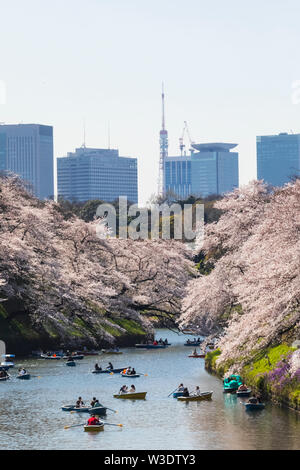 Japan, Honshu, Tokyo, Kudanshita, Chidori-ga-fuchi, Imperial Palace Moat , Cherry Blossom and People Boating with City Skyline in Rear Stock Photo