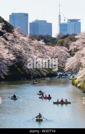 Japan, Honshu, Tokyo, Kudanshita, Chidori-ga-fuchi, Imperial Palace Moat , Cherry Blossom and People Boating with City Skyline in Rear Stock Photo