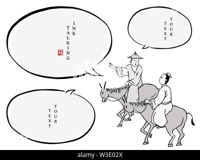 Chinese ink message dialogue box template people character in traditional clothing two men riding on horseback and talking to each other. Translation Stock Vector