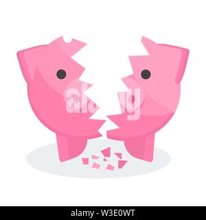 Broken Pig Money Box. Payment of debt, costs and bankruptcy. Stock Vector