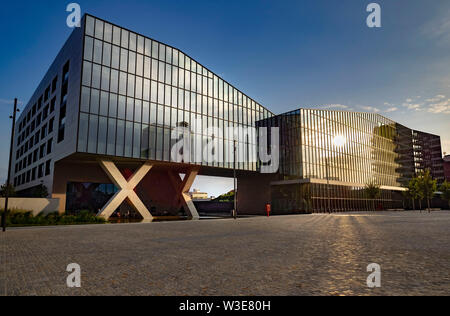 MILAN, Italy: 14 July 2019: Modern architecture in the new square Adriano Olivetti in the south of town, inaugurated  on september  27th by the major Stock Photo