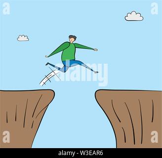 Man jumping over abyss, hand-drawn vector illustration. Black outlines and colored. Stock Vector