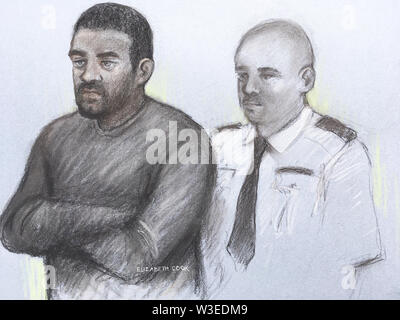 Court artist sketch by Elizabeth Cook of Aaron McKenzie, 25, appearing at Camberwell Green Magistrates' Court where he is charged with the murder of heavily pregnant Kelly Mary Fauvrelle and the manslaughter of her baby son Riley. Stock Photo