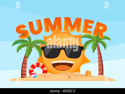 Happy sun smiling on the tropical beach summer. Design of summer vacation holiday background. Stock Vector