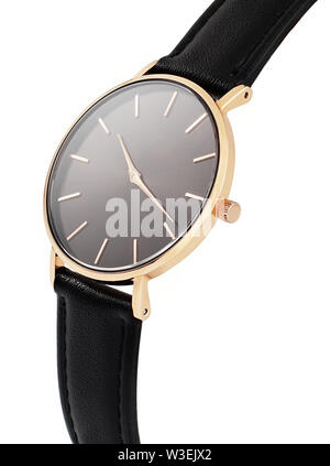 Classic women's gold watch with a black dial, leather strap, isolate on a white background. Isometric view.