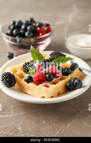 Composition of breakfast with belgian waffles, space for text Stock Photo