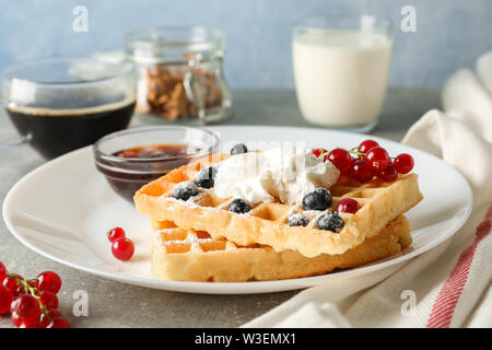 Composition of breakfast with belgian waffles, space for text Stock Photo