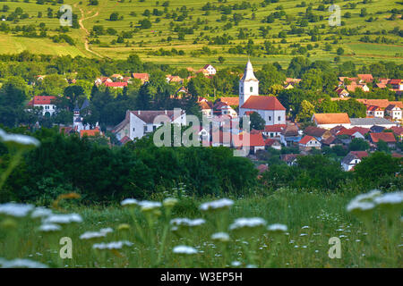 Rimetea village (Torocko in Hungarian or Eisenmarkt, Eisenburg, Traschen in German) with white church and traditional Transylvanian homes, early morni Stock Photo
