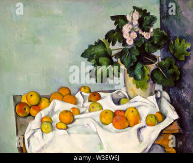 Paul Cézanne, Still Life with Apples and a Pot of Primroses, still life painting, circa 1890 Stock Photo