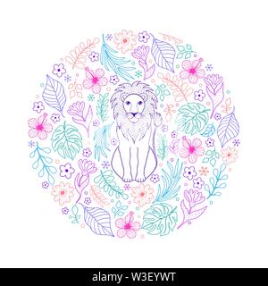 Hand drawn pattern with lion and tropical flowers on white background Stock Vector