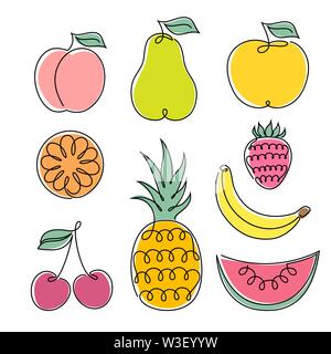 Set of fruits icons on white background. One line drawing style. Stock Vector