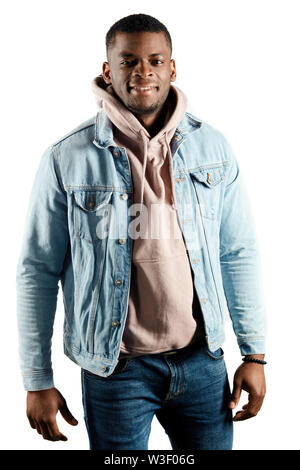 stylish macho looking aside, waiting his girlfriend, isolated white background, studio shot. Stock Photo