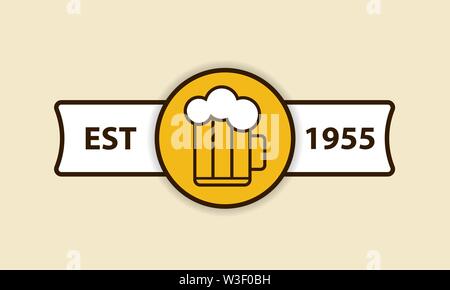 Vector logo simple flat beer mug with a white label with text. Alcoholic drink icon Stock Vector