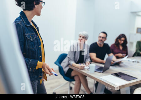 businesswoman giving a presentation on flipchart to colleagues sitting around table in conference room. Female executive sharing her ideas during a pr Stock Photo