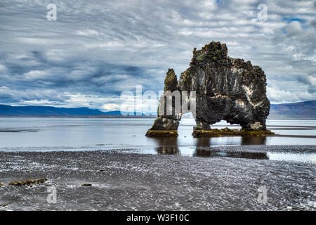Hvitserkur during Cloudy Day, A Spectacular Rock in the Sea on the Northern Coast of Iceland Stock Photo
